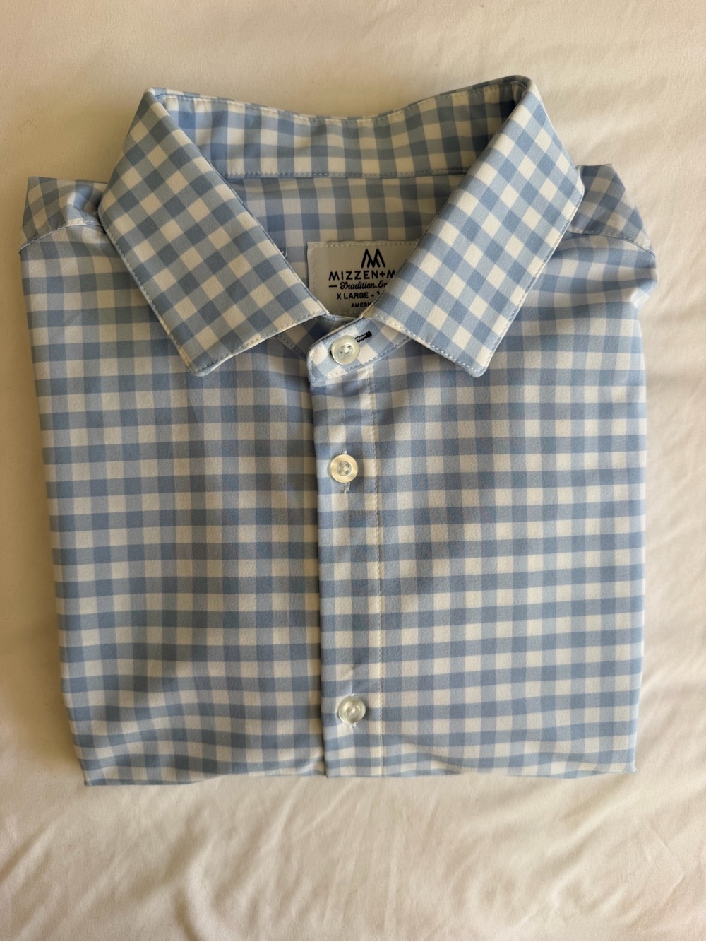 Mizzen+Main Blue White Gingham Trim Fit Button Down Performance Dress Shirt